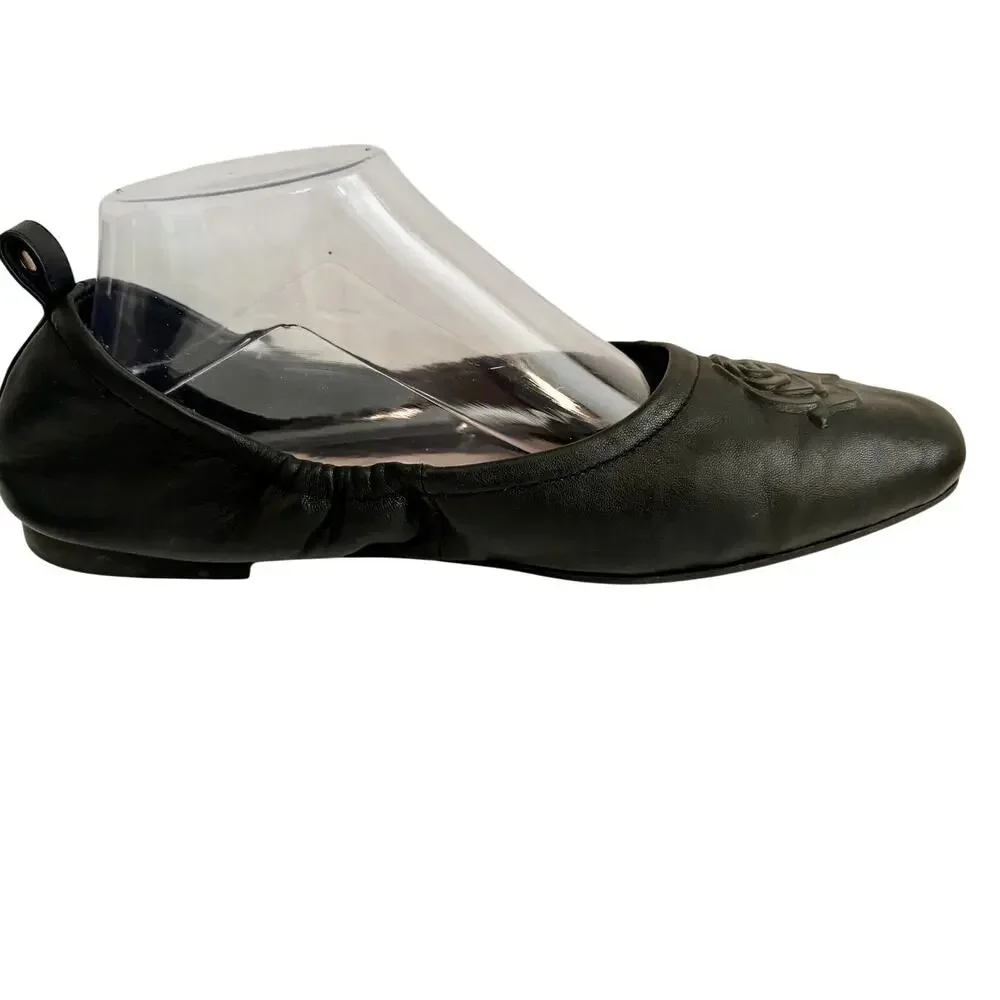 Taryn Rose Rosalyn Black Napa Leather Flower Ballet Flats Shoes Feminine